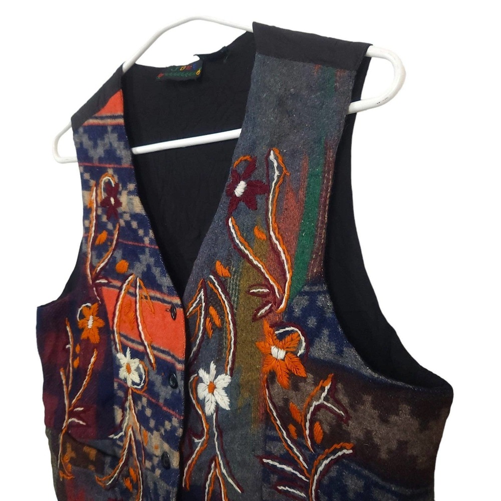 Vintage Wool Blend Vest Large Floral Embroidered Fleece J Gee Floral Tribal Fall - Picture 2 of 5